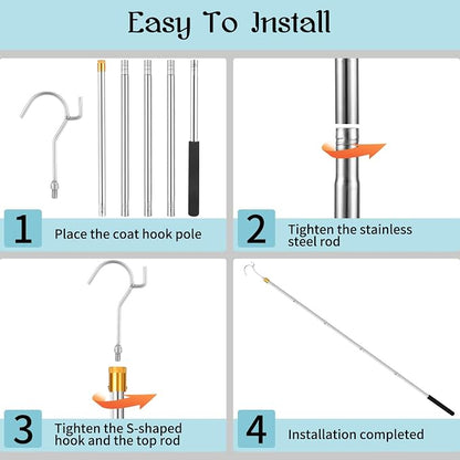 Clothes Hook Pole, Adjustable from 28" to 74", Closet Coat Rack Hook Rod | - Image 7