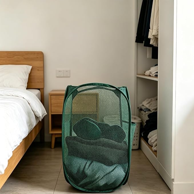 Larpur Pop Up Laundry Hamper Collapsible Mesh Clothes Basket, Dark Green | - Image 6