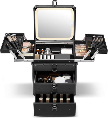 Qislee Makeup Box with Double Drawers and Four Trays, A Detachable Lighted by Qislee