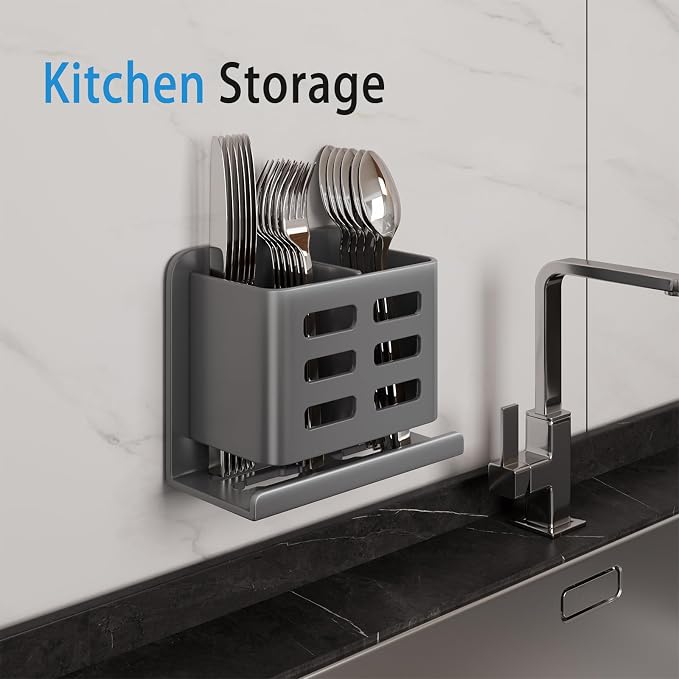 Grey Wall-Mounted Toothbrush Holder, Aluminum Material Shower Shaver Storage - Image 5