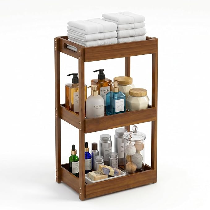 3-Tier Corner Standing Acacia Wood Shower Caddy Organizer | Freestanding corner by BEEFURNI