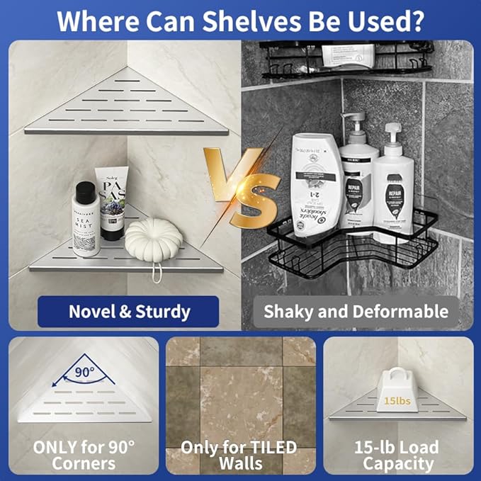 Corner Shower Shelf 10" Brushed 304 Stainless Steel Slot Design Recessed Corner - Image 3