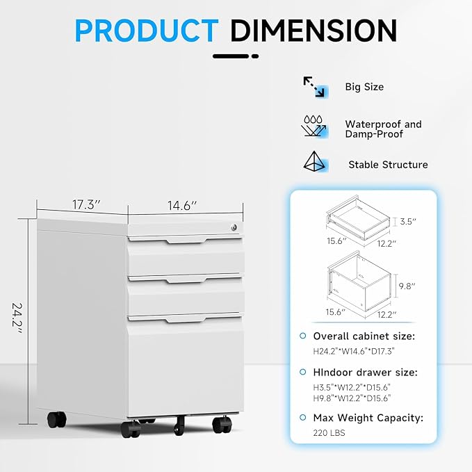 3 Drawer Mobile File Cabinet - Image 3