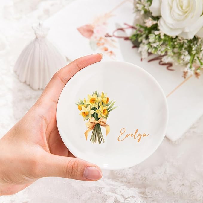 Custom Ceramic Jewelry Tray Birth Flower Personalized Name Decorative Trinket - Image 3