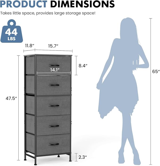 DUMOS Nightstand with 5 Drawers Bedside Table with Removable Fabric Bins Sturdy - Image 3