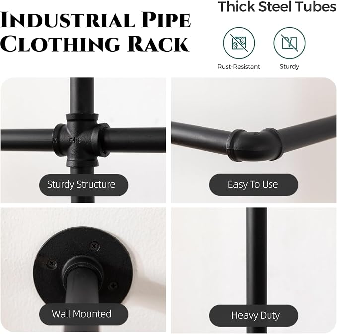 Industrial Pipe Clothes Rack Wall Mounted Clothing Rack, Heavy Duty Iron Pipe - Image 7