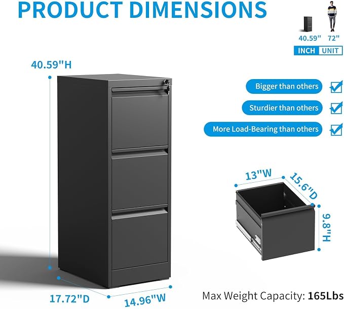 3 Drawer File Cabinet with Lock, Vertical Metal Filing Cabinet - Image 3