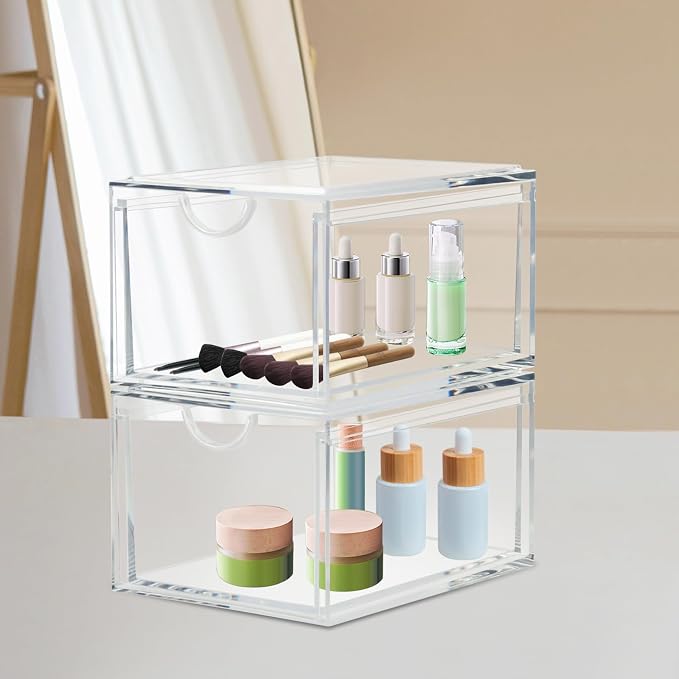 2 Pack Stackable Cosmetic Organizer Drawers, Plastic Storage Bins Vanity - Image 2