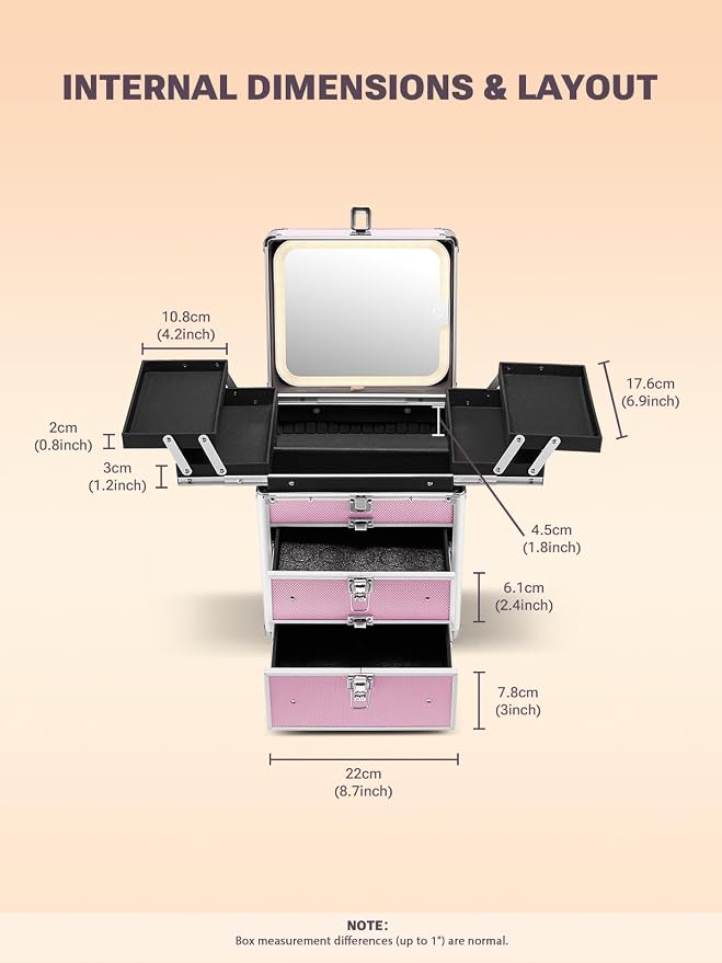 Qislee Makeup Box with Double Drawers and Four Trays, A Detachable Lighted - Image 5