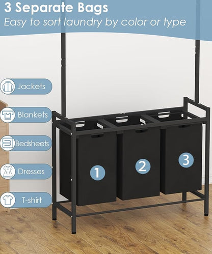 Large Laundry Hamper with Clothes Rack Hanging Bar, 10 x 3 Gal Pull-Out & - Image 3