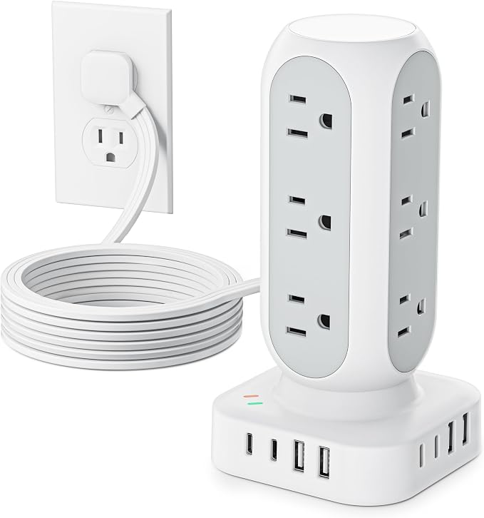Tower Power Strip with Surge Protection, Flat Plug Outlet Extender with 12 AC by TenTrend