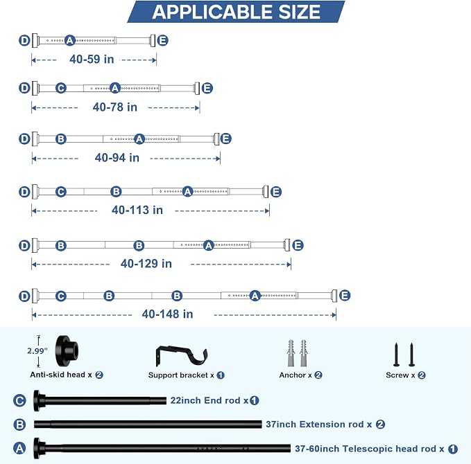Long Tension Curtain Rod 40-148inch Black Shower Curtain Rods no Drilling - Image 2