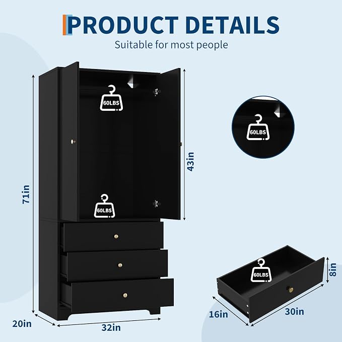 71" Armoire Wardrobe Closet, Bedroom Armoire Clothing Storage Cabinet | 3 - Image 2