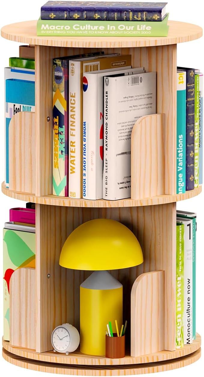 Kinembold Small Rotating Bookshelf, 2 Tier Revolving Bookcase 360 Display Round by Accompanyingyourchildsgrow