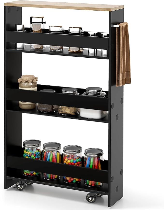 Slim Rolling Storage Cart, 4 Tier Narrow Kitchen Cart by SILKYDRY