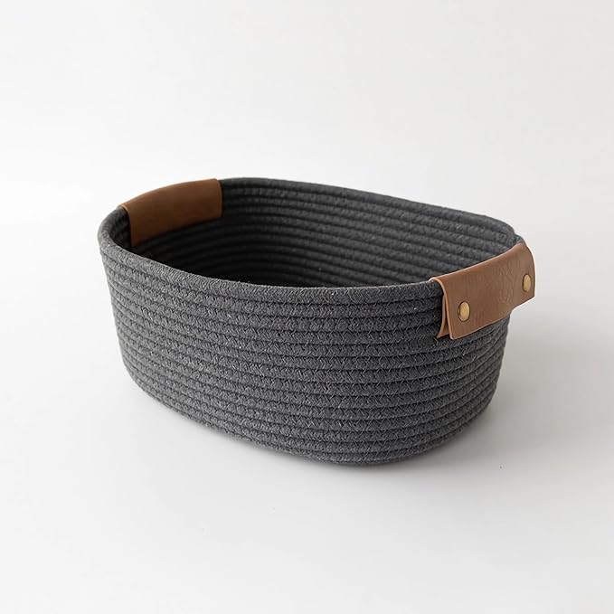 Small Cotton Woven Basket with PU Leather Handle, Baby Kids Clothes Toys Candy by SOORXIEIN