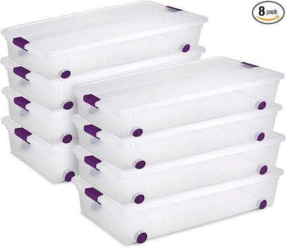 Sterilite 8-Pack 60 Quart ClearView Latch Box, Wheeled Underbed Organizer Bins by Sterilite