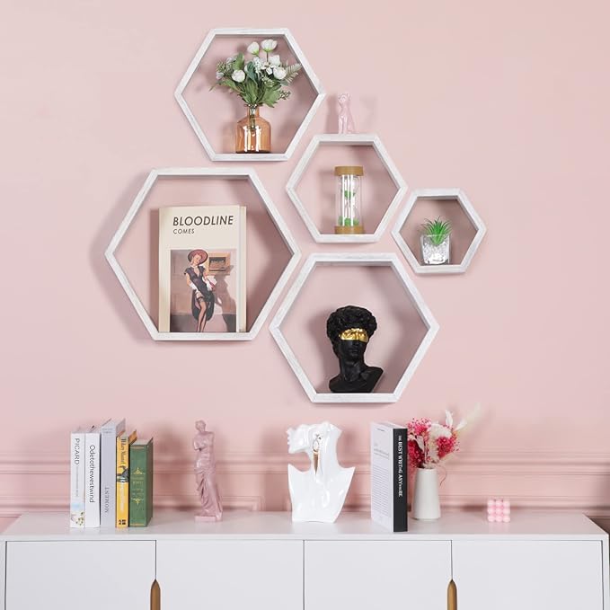 Hexagon Shelves, Floating Wall Shelf, Honeycomb Octagon Cube Shelves Wood | - Image 4