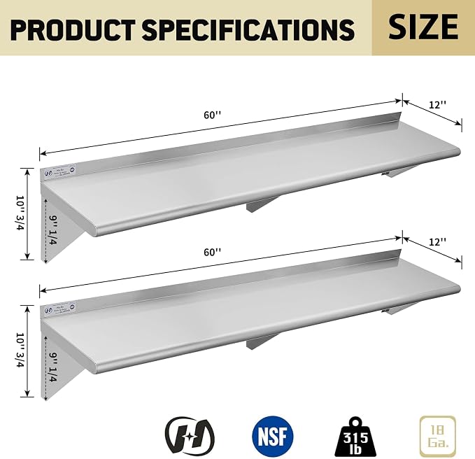 Hally Stainless Steel Shelf Wall Mounted Metal Shelf Wall Shelf 12 x 60 NSF - Image 3