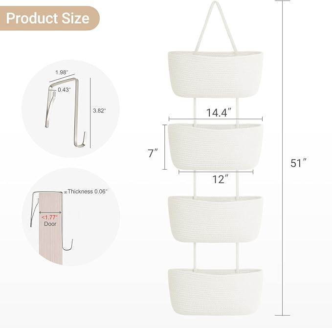 Dahey Over The Door Hanging Basket Storage 4-Tier Woven Wall Basket, Hook Fits - Image 4