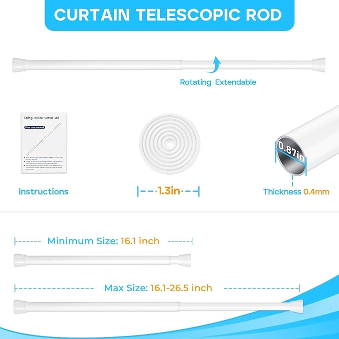 White Small Tension Curtain Rod 16-26 Inch, 7/8" inch Adjustable Short Curtain - Image 2