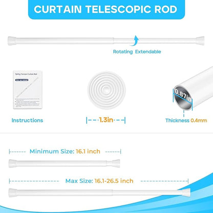 White Small Tension Curtain Rod 16-26 Inch, 7/8" inch Adjustable Short Curtain - Image 2