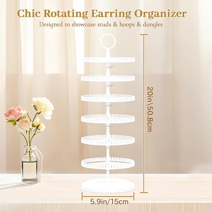 MODOWEY Rotating Earring Holder Organizer Adjustable Display, 6 Tiers White | - Image 3