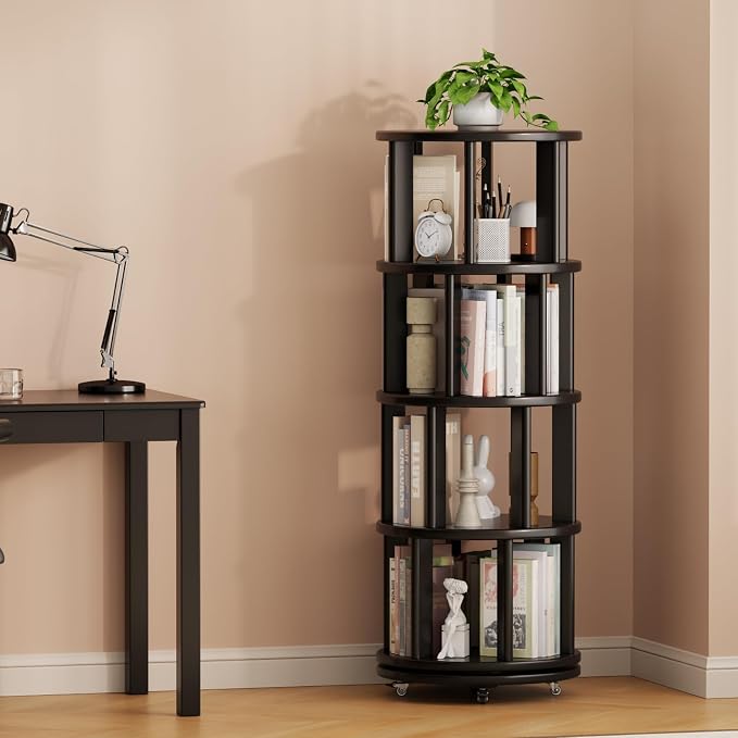 Solid Wood Rotating Bookshelf on Wheels, 4 Tier, Round Revolving Bookcase - Image 9
