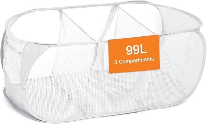 Durable Collapsible Foldable Mesh Pop Up Laundry Basket, 3 Compartments Easy to by Bemkoo