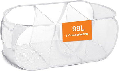 Durable Collapsible Foldable Mesh Pop Up Laundry Basket, 3 Compartments Easy to by Bemkoo