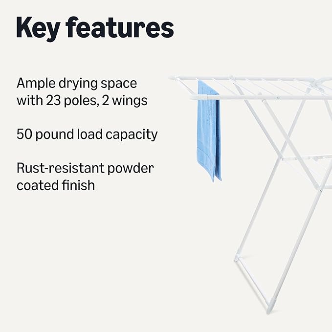 Amazon Basics Foldable 2-Wing Metal Clothes Drying Rack, 61x23.6x39.3 inches - Image 2