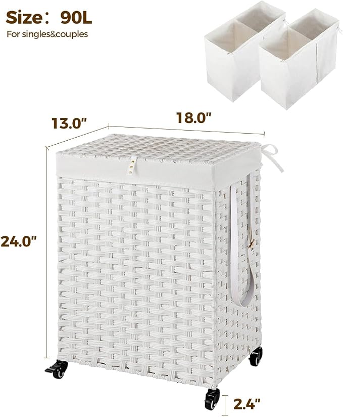 Greenstell Laundry Hamper with Wheels, No Install Needed, 90L Divided Handwoven - Image 5
