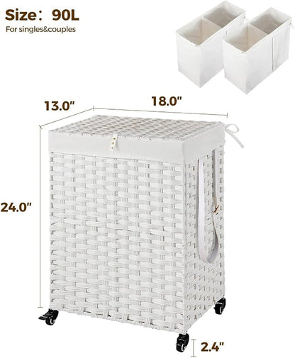 Greenstell Laundry Hamper with Wheels, No Install Needed, 90L Divided Handwoven - Image 5