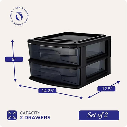 HOMZ 2-Pack 2-Drawer Storage Cart, Plastic Drawers w/Smoke Tint, 14.25" Wide - Image 3