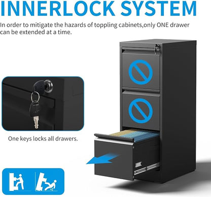 3 Drawer File Cabinet with Lock, Vertical Metal Filing Cabinet - Image 4