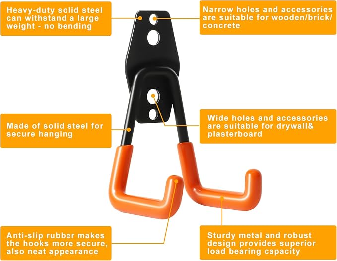KURUI Heavy Duty Wall Hook for Hanging, 2 Pack Garage Tool Organizer Wall Mount - Image 4