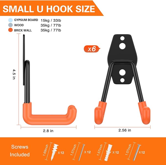 Heavy Duty Garage Hooks 6 Pack, 2.8 inch Small U Shaped Hanger, Wall Mounted - Image 2