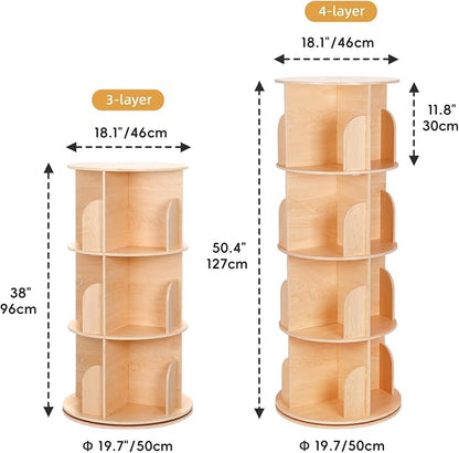 OOOK 4-Tier Rotating Bookshelf Tower, 360°Display Wooden Spinning Bookcase | - Image 3