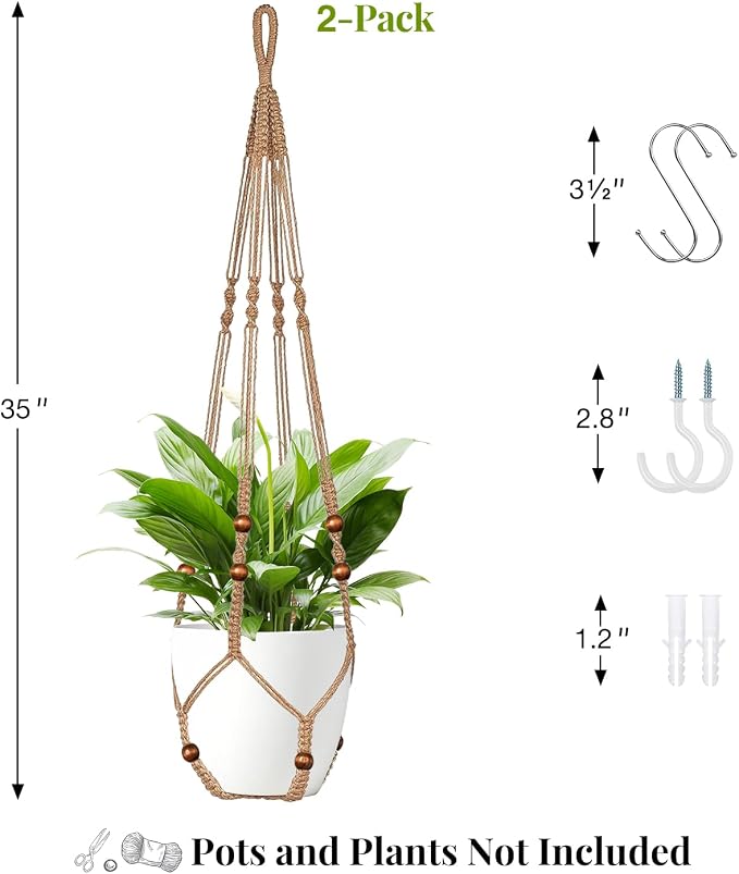 LEWESU Jute Macrame Plant Hanger Indoor Set of 2 Hanging Planter Basket Flower - Image 3