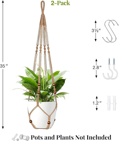 LEWESU Jute Macrame Plant Hanger Indoor Set of 2 Hanging Planter Basket Flower - Image 3