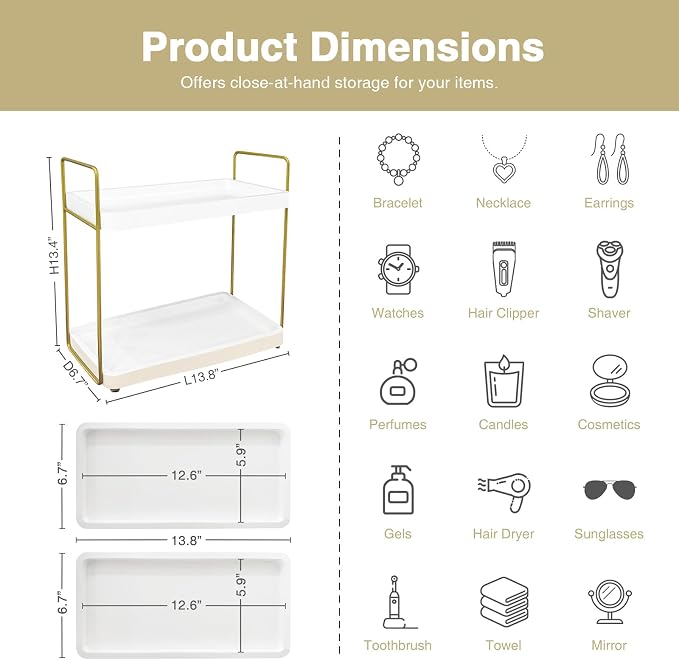 Forbena White and Gold Bathroom Counter Organizer, 2 Tier Makeup Vanity - Image 2