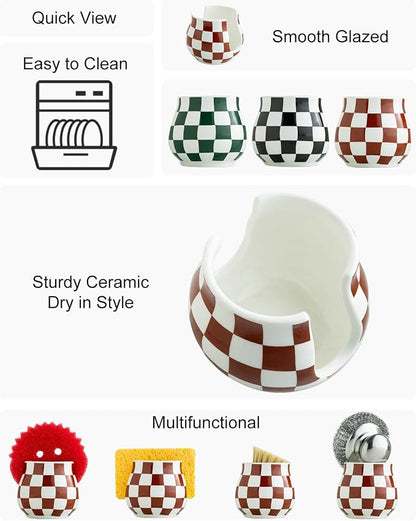 Checkered Sponge Holder for Kitchen Sink Counter, Ceramic Dish Sponge Caddy - Image 3