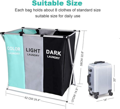 135L Laundry Cloth Hamper Sorter Basket Bin Foldable 3 Sections - Image 6