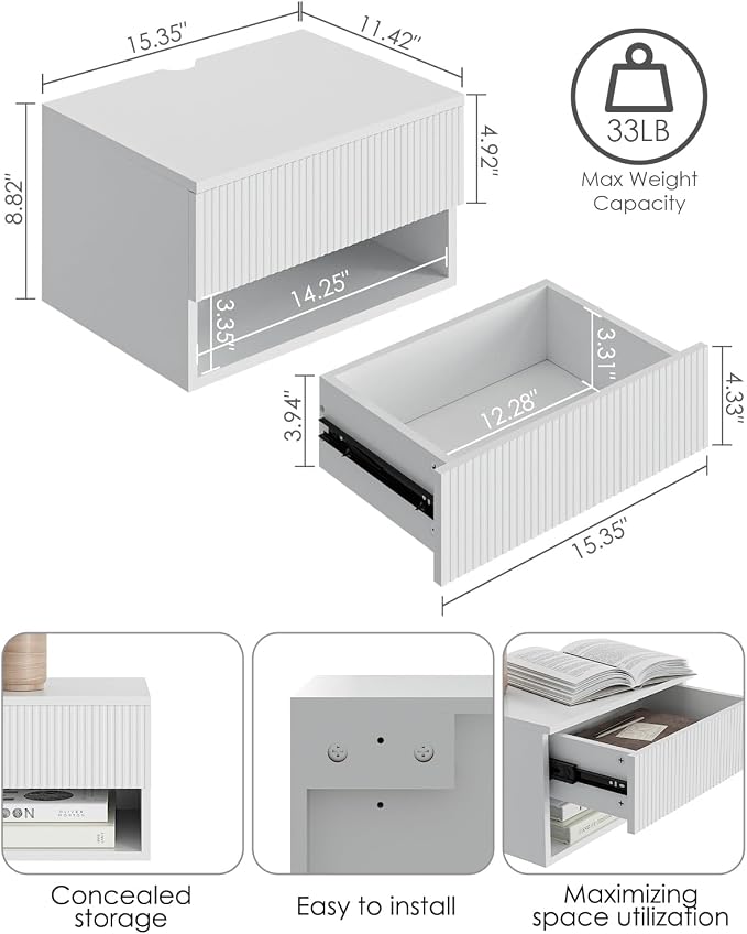 Modern Small Nightstand with Drawer, Floating Shelves - Image 2