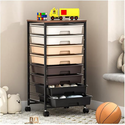 Rolling Storage Cart with Drawers, Rolling Drawer Cart and Wooden Tabletop by SYKIARIOL