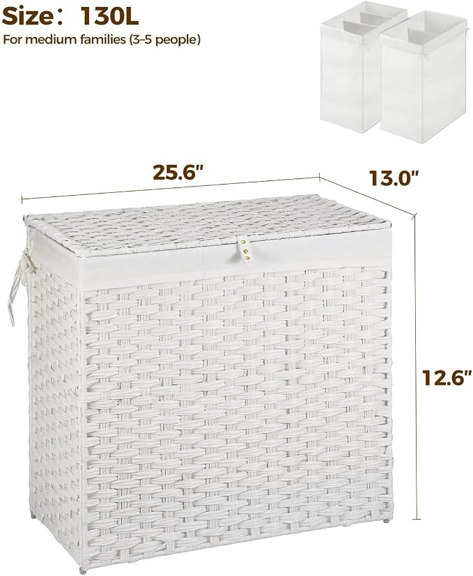 Greenstell Laundry Hamper with Wheels&Lid, 130L Large 3 Sections Clothes Hamper - Image 8