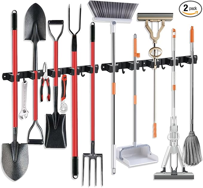 2 Pack Broom Hanger and Mop Holder, Heavy Duty Garden Tool Organizer Rack Rake by JAMEND+CLXP