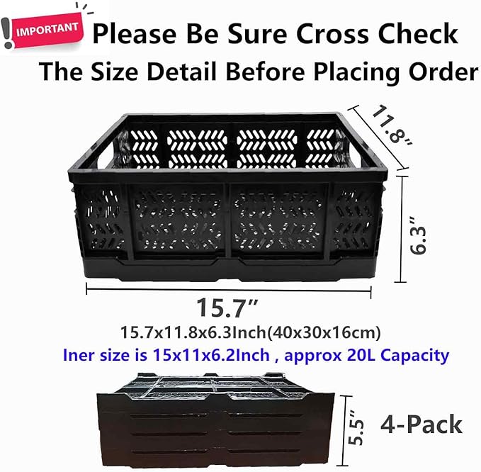 4-Pack Plastic Storage Crates, 20L Foldable Baskets, Collapsible Crates - Image 2