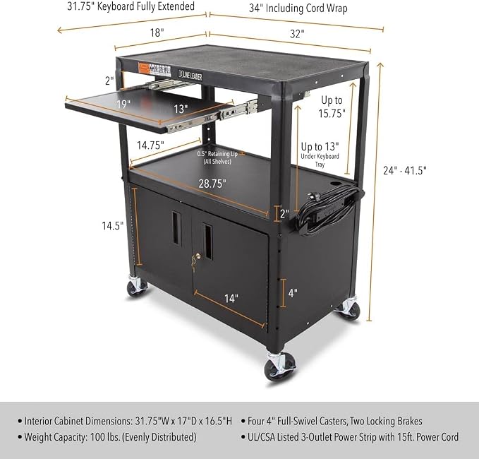 Line Leader Large AV Cart with Locking Cabinet | Height Adjustable Utility Cart - Image 5