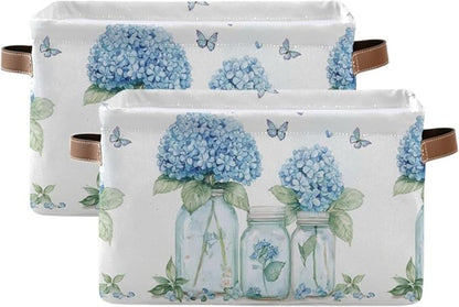 Blue Hydrangea and Butterflies Storage Bins Box Foldable Shelf Basket by Unknown